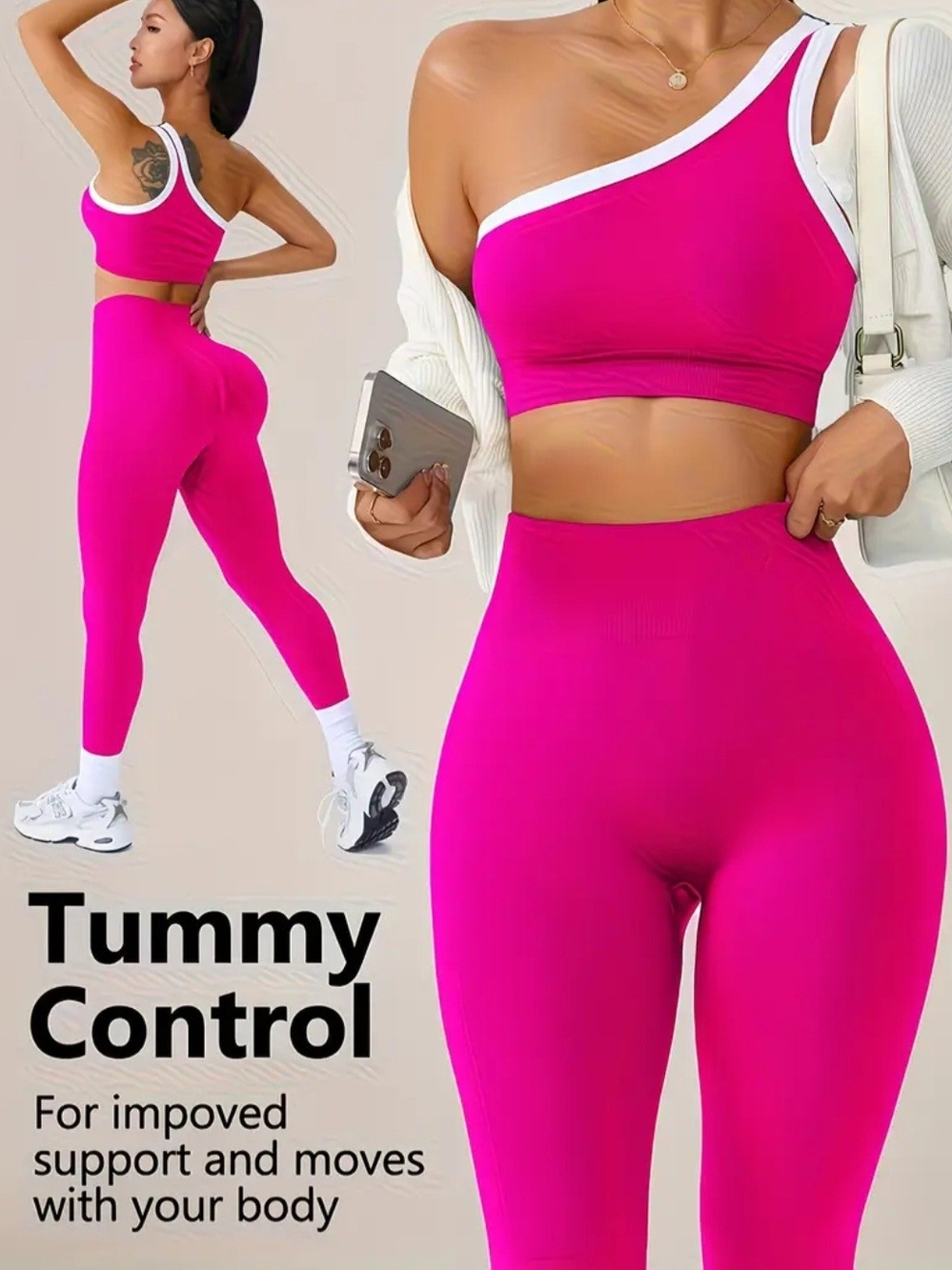 Seamless One-Shoulder Crop Top & High-Waist Leggings Set - Hot Pink